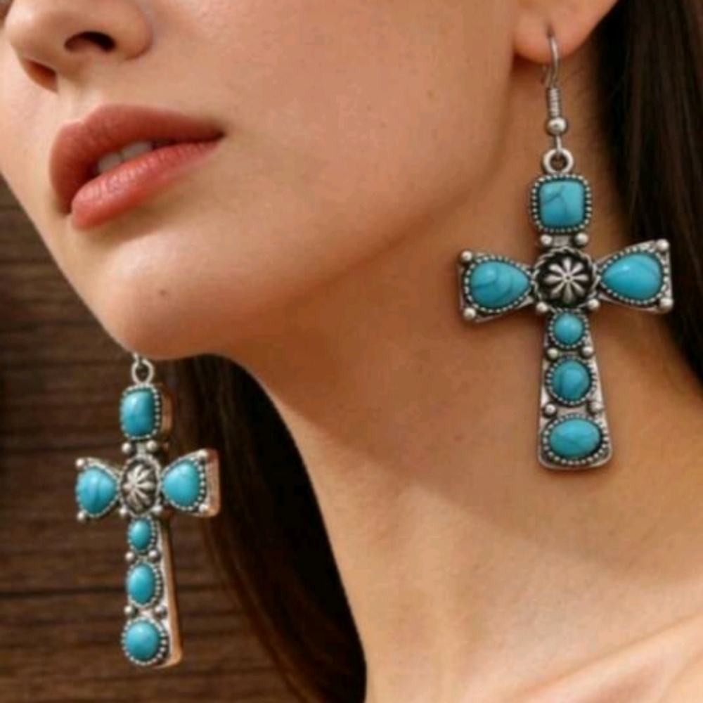 Turquoise Stones Silver Cross Dangle Elegant Earrings